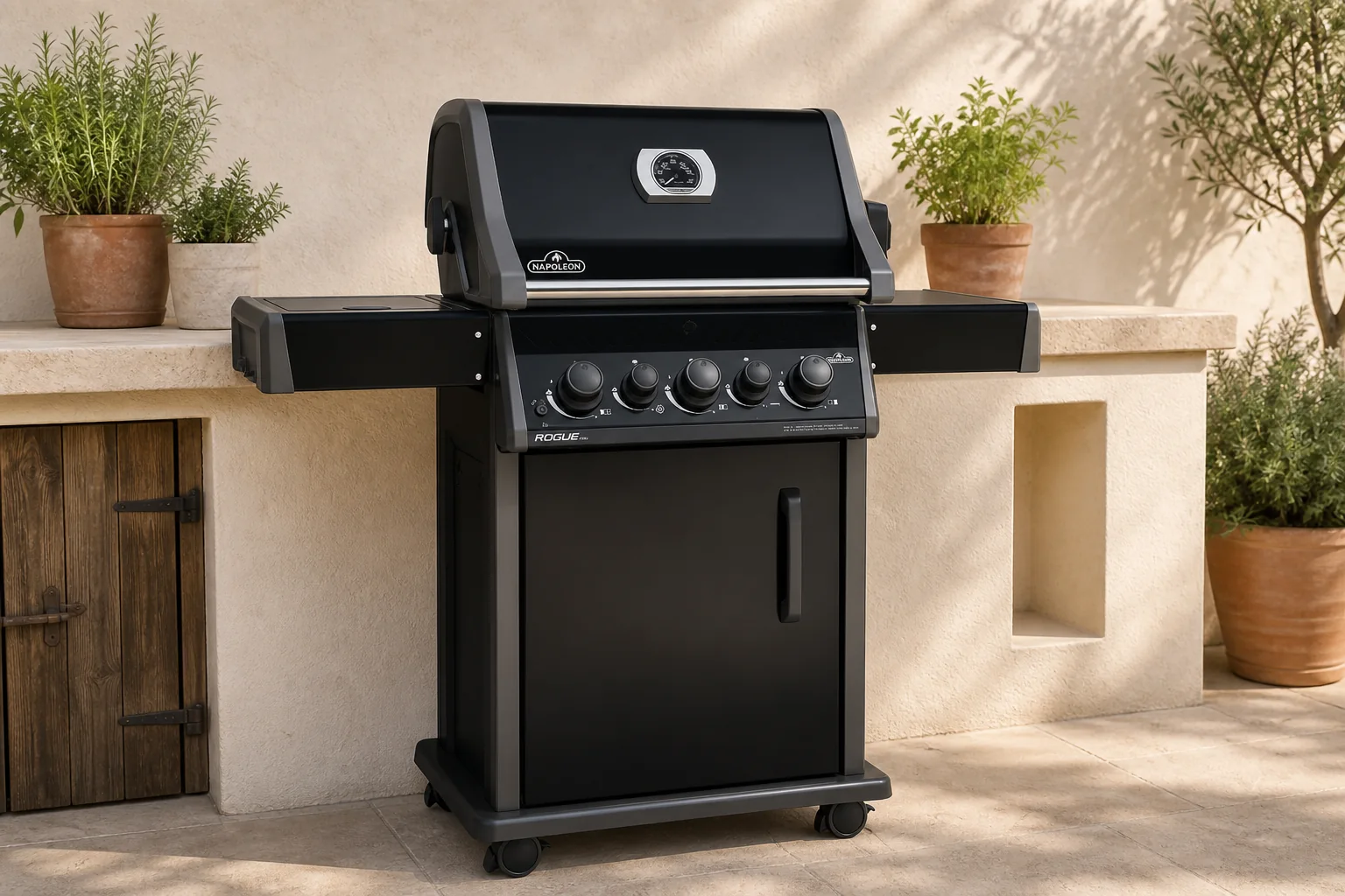 Sfeerfoto van Napoleon grills Rogue Pro 425 met Sizzle Zone zijbrander zwart barbecue II