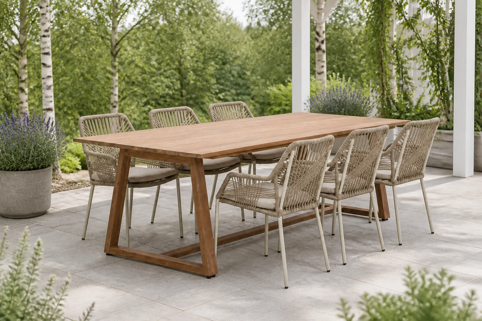 Sfeerfoto van BUITEN living Gotenburg/Seville beige dining tuinset | 6 personen | teakhout + touw | 250cm