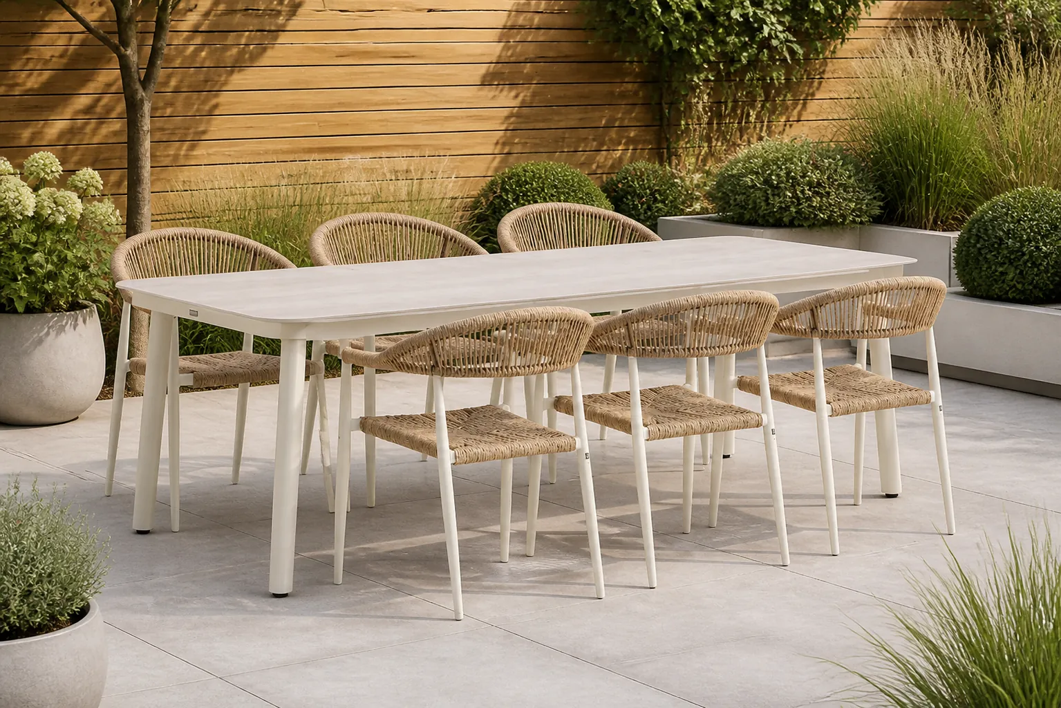 Sfeerfoto van De Laan Projects Lifestyle Granada/Tavano 220 cm dining tuinset 7-delig – Taupe-naturel-bruin
