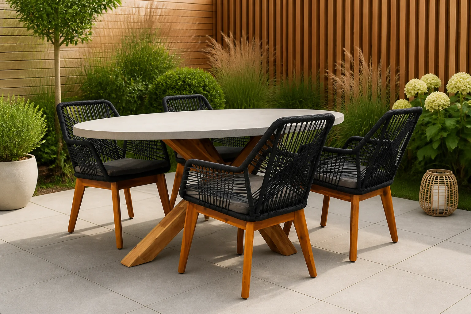 Sfeerfoto van BUITEN living Livorno/Seville hout zwart dining tuinset | 4 personen | betonlook + hardhout | 200cm ovaal – Betonlook, Zwart