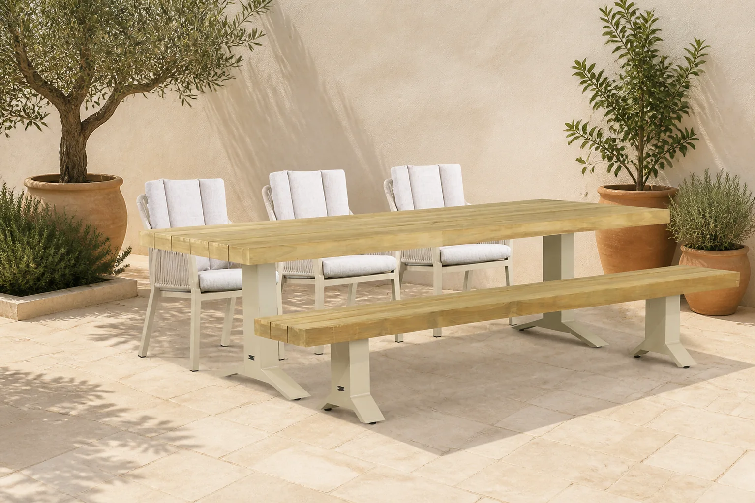 Sfeerfoto van Lifestyle Garden Furniture Verona/Superior 260 cm dining tuinset 5-delig – Taupe-naturel-bruin