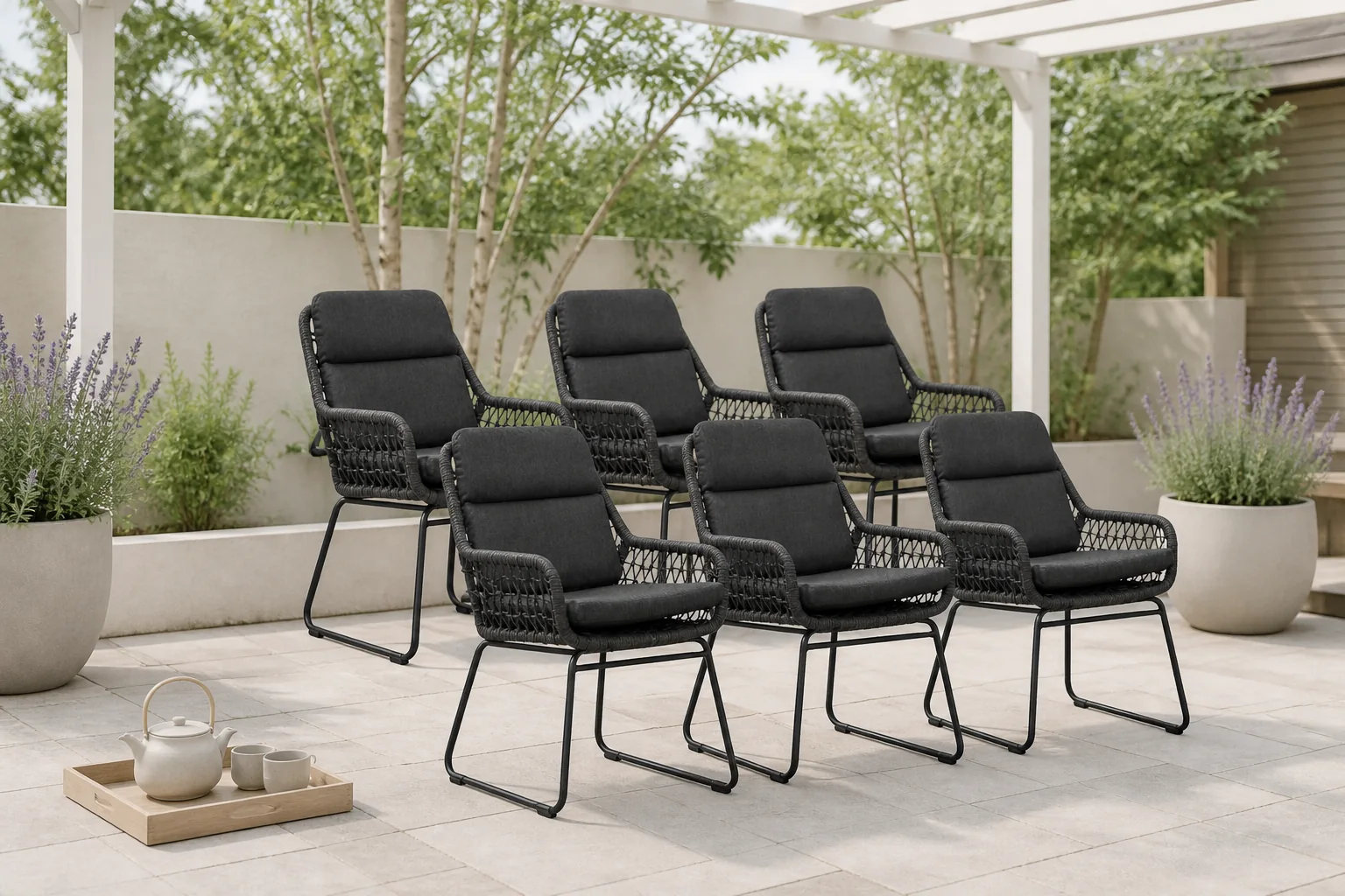 Sfeerfoto van BUITEN living Valencia dining tuinstoel set van 6 | touw + aluminium | Lava Grey – Antraciet