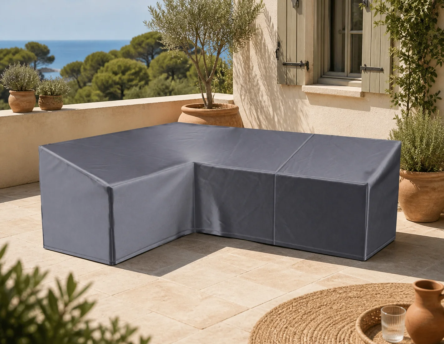 Sfeerfoto van Aerocover Hoes loungeset hoek hoge rugleuning 270 x 210 x 85 x 65 tot 90 cm – grijs