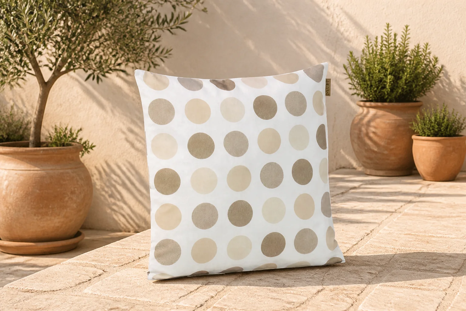 Sfeerfoto van Stoff Nanami sierkussen 60 x 60 cm – Taupe-naturel-bruin