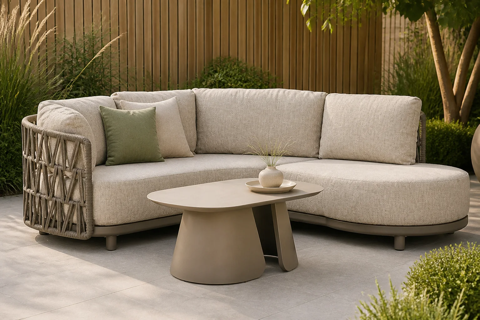 Sfeerfoto van Santika Furniture Cayora organisch loungeset 3-delig -2 – Taupe-naturel-bruin