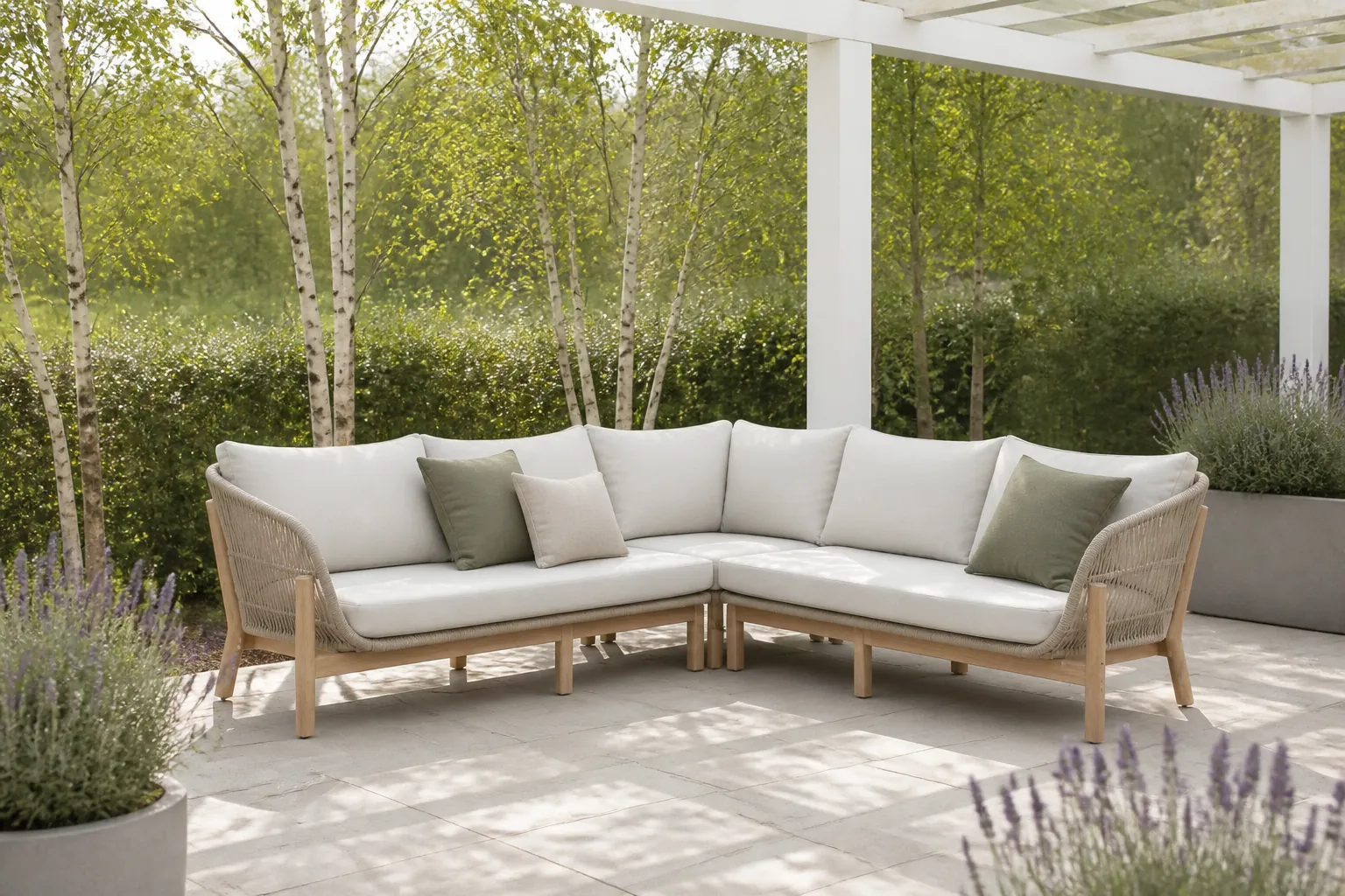 Sfeerfoto van BUITEN living Braga hoek loungeset 5 personen | touw + hardhout | zand | 4-delig 235x235cm – Natural Teak
