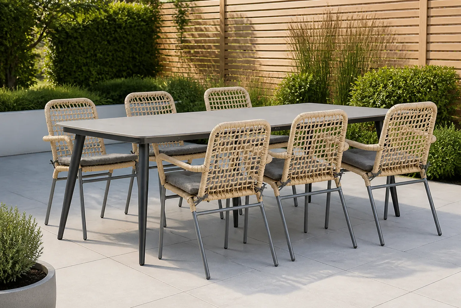 Sfeerfoto van De Laan Projects Lifestyle Catalone/Vienna 240 cm dining tuinset 7-delig – Taupe-naturel-bruin