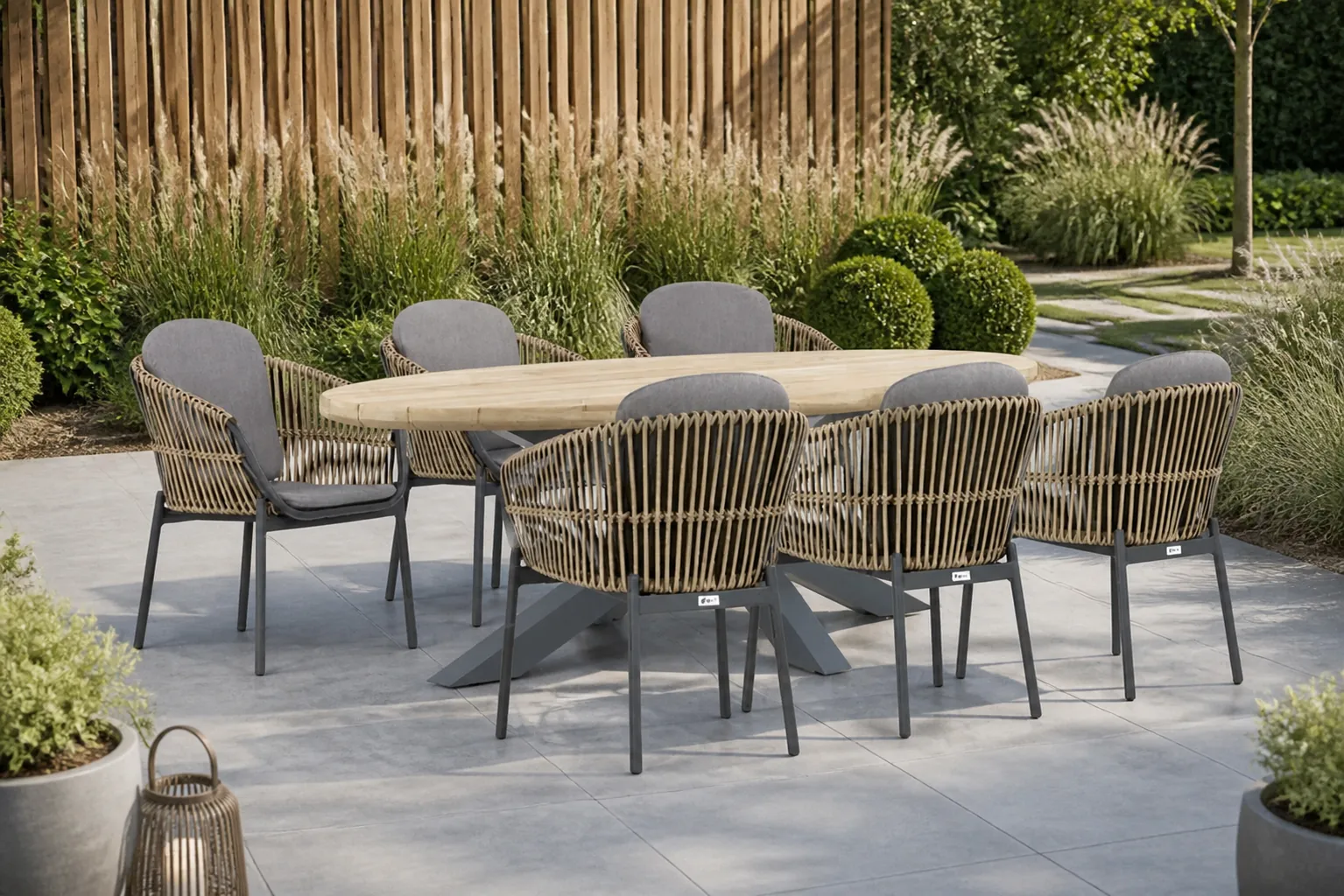 Sfeerfoto van Coco Nathan/Diogo 240 cm dining tuinset 7-delig – Taupe-naturel-bruin