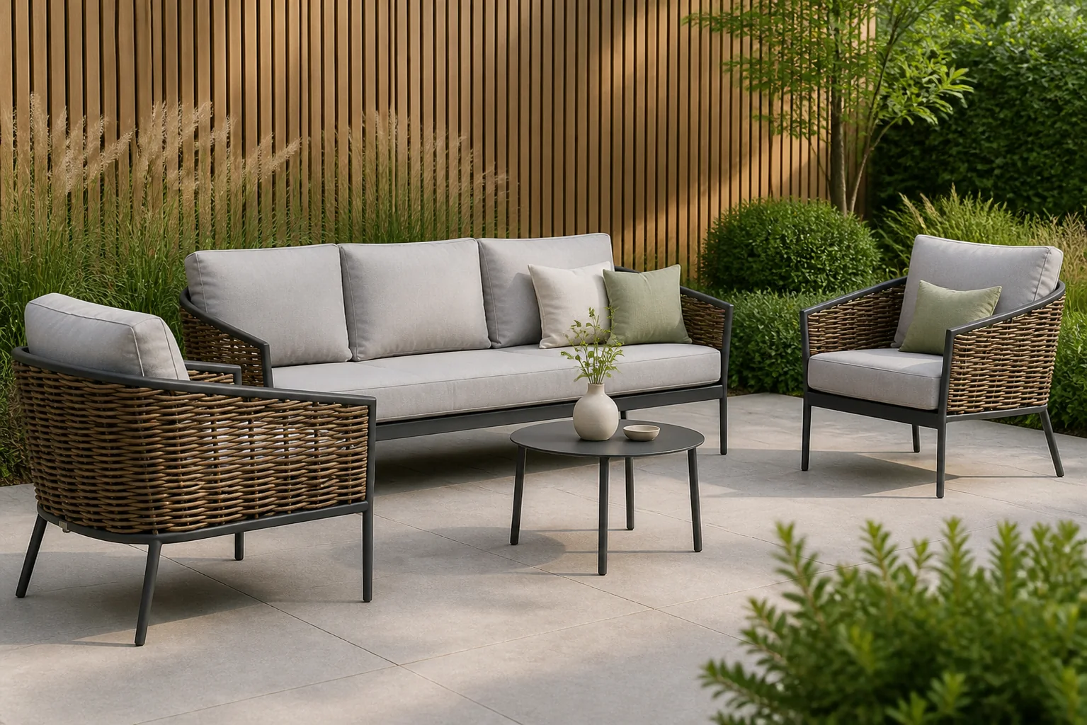 Sfeerfoto van Coco Palm/Pacific 60 cm stoel-bank loungeset 4-delig – Taupe-naturel-bruin