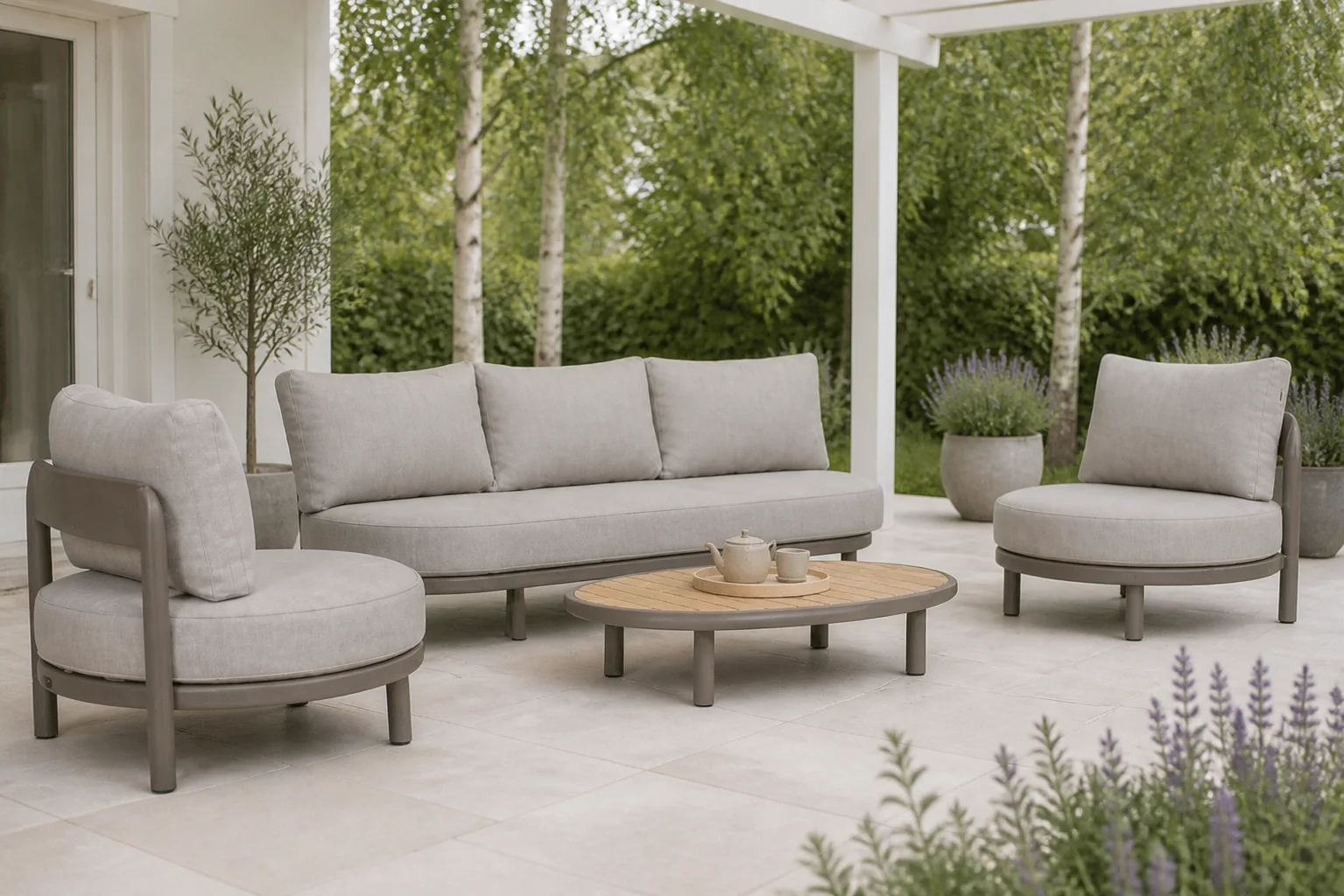 Sfeerfoto van Santika Furniture Wave stoel-bank loungeset 4-delig – Taupe-naturel-bruin