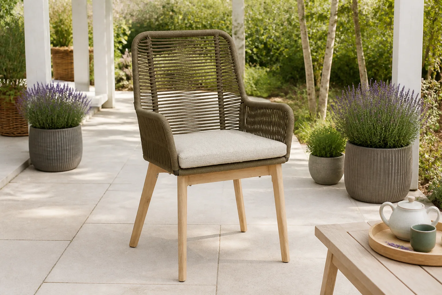 Sfeerfoto van BUITEN living Padua dining tuinstoel | touw + hardhout | olijfgroen