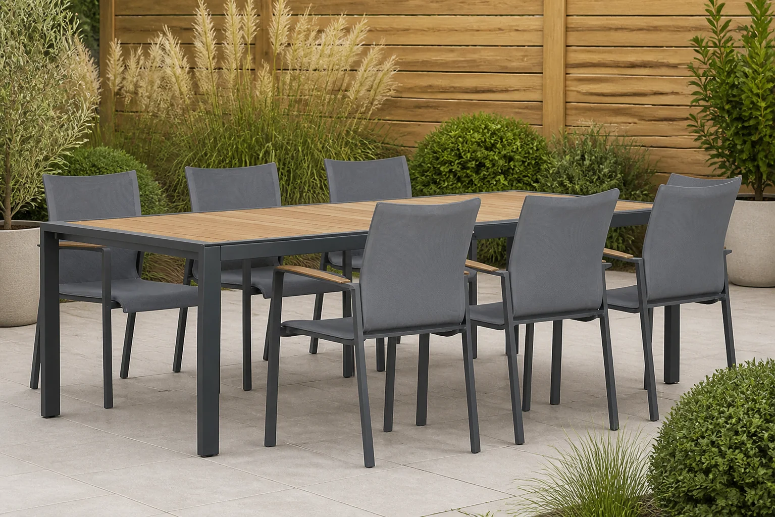Sfeerfoto van Lifestyle Garden Furniture Brandon/Valence 240 cm dining tuinset 7-delig – Grijs-antraciet