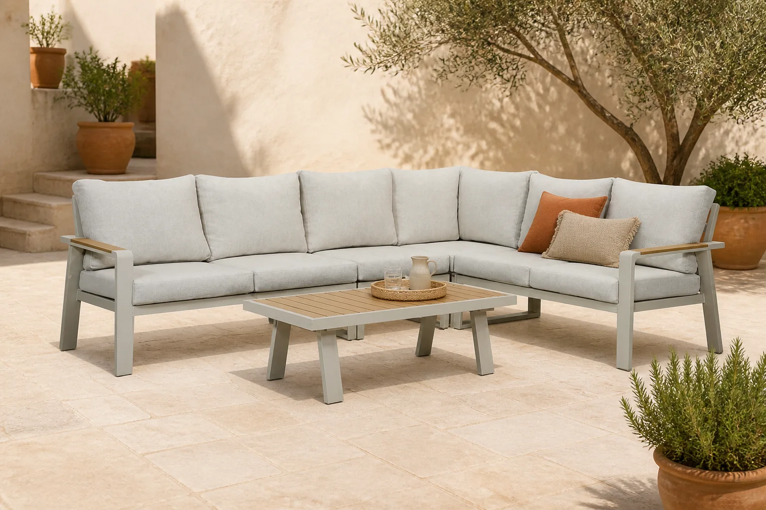 Sfeerfoto van LUX outdoor living Lola hoek loungeset L-vorm 6 personen incl. tafel | aluminium + polywood | beige | 5-delig