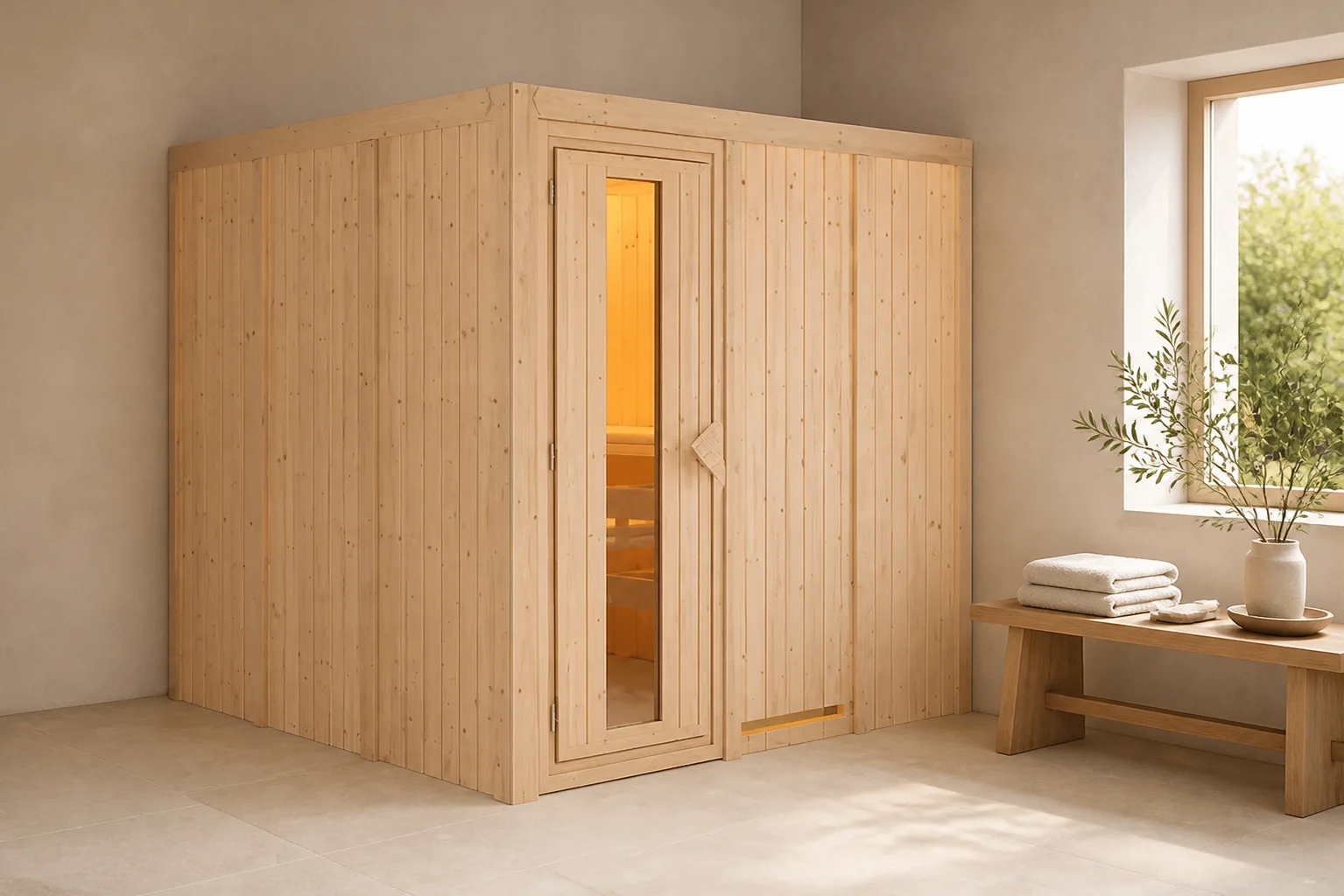 Sfeerfoto van Karibu | Rodin Sauna | Energiesparende Deur | Kachel 9 kW Externe Bediening