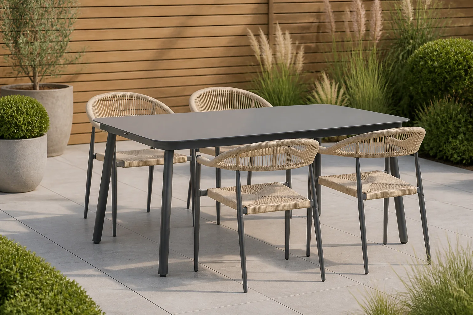 Sfeerfoto van De Laan Projects Lifestyle Granada/Tavano 160 cm dining tuinset 5-delig – Taupe-naturel-bruin
