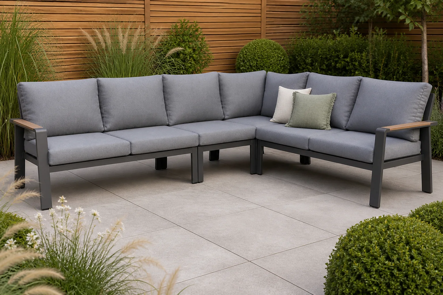 Sfeerfoto van LUX outdoor living Lola hoek loungeset L-vorm 6 personen | aluminium + polywood | antraciet | 5-delig 288x220cm – Light Teak, Grijs