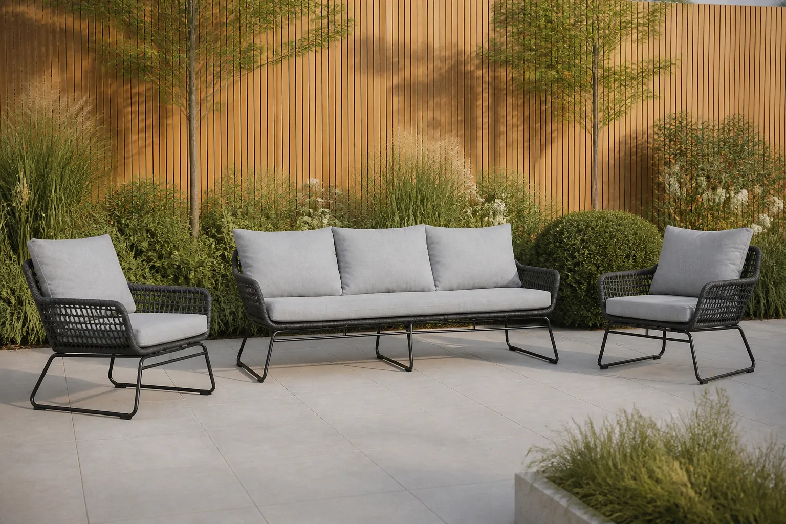 Sfeerfoto van BUITEN living Valencia stoel-bank loungeset 5 personen | touw + aluminium | Stone Grey | 3-delig