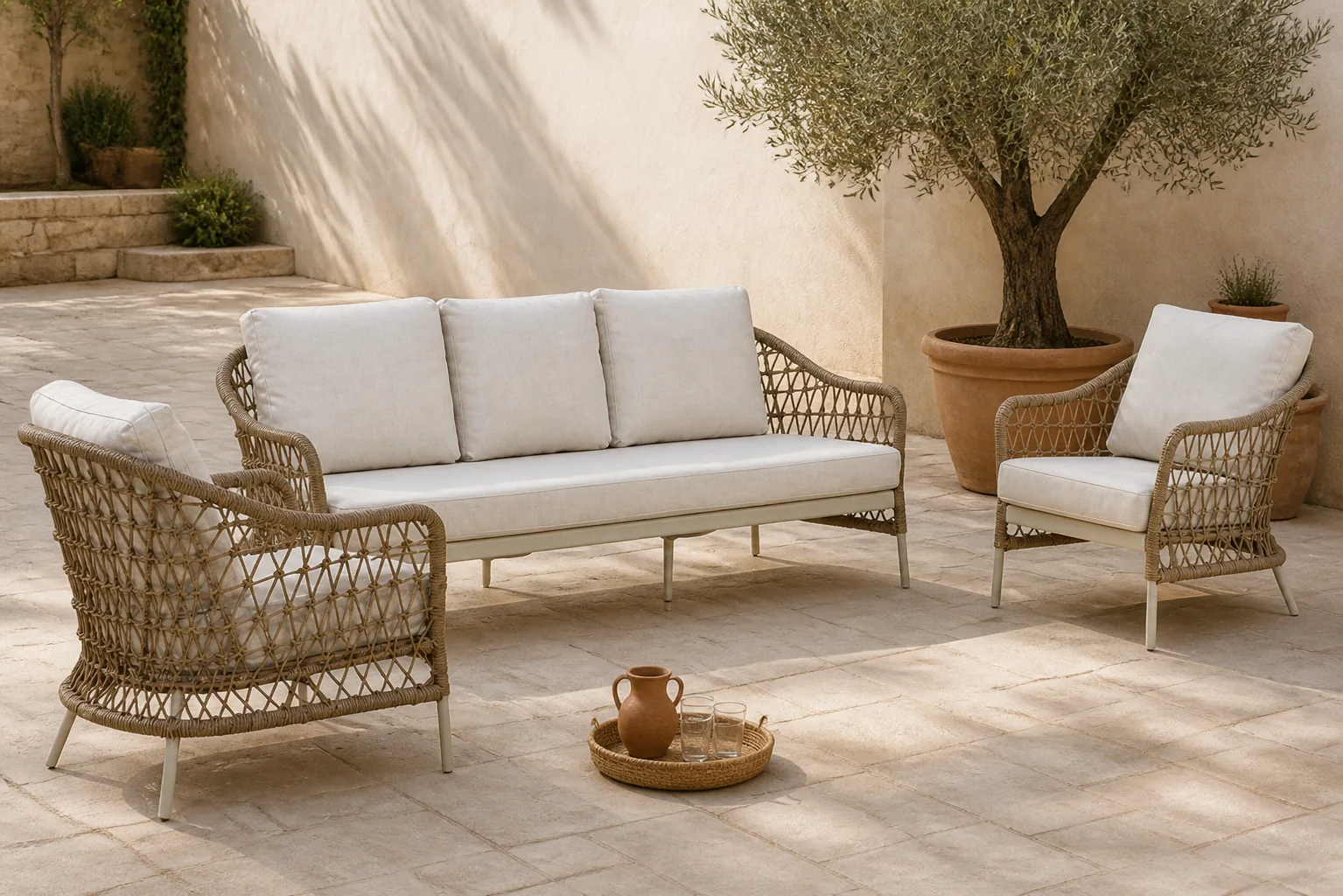 Sfeerfoto van Coco Bali stoel-bank loungeset 3-delig – Taupe-naturel-bruin