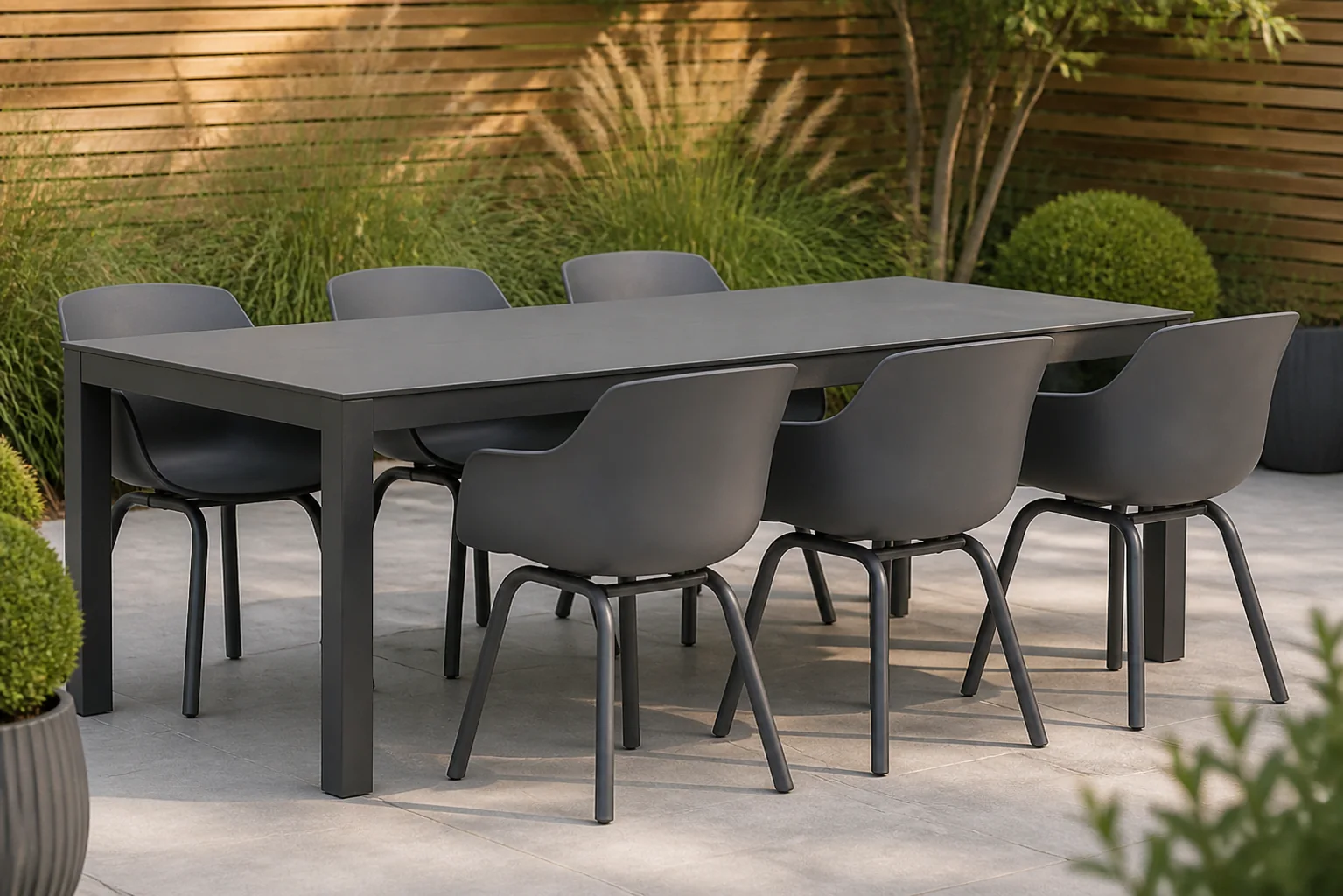 Sfeerfoto van Lifestyle Garden Furniture Salina/Madras 220 cm dining tuinset 7-delig – Grijs-antraciet