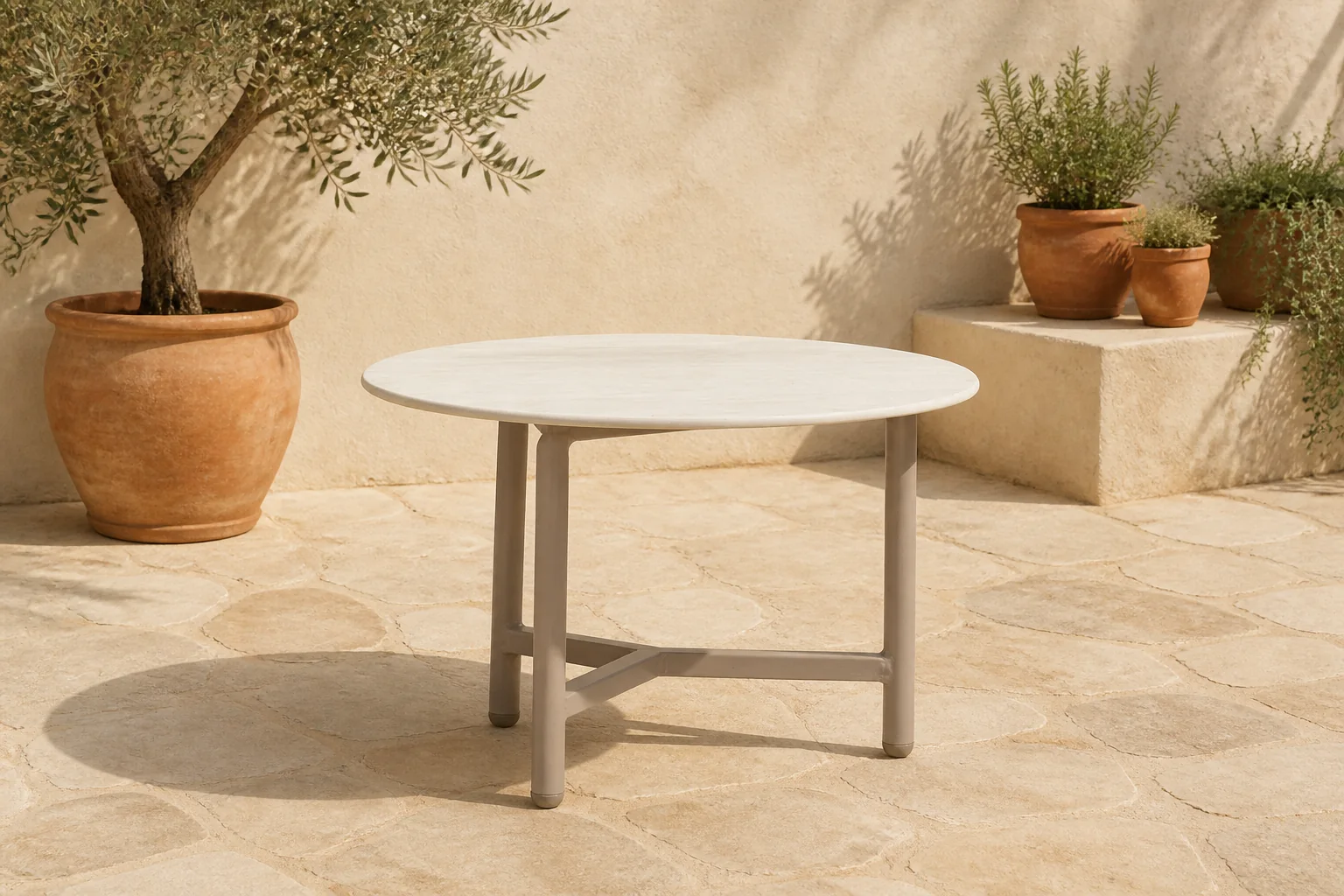 Sfeerfoto van LUX outdoor living Logan koffietafel | sintered stone + aluminium | Marble Latte | 50cm rond