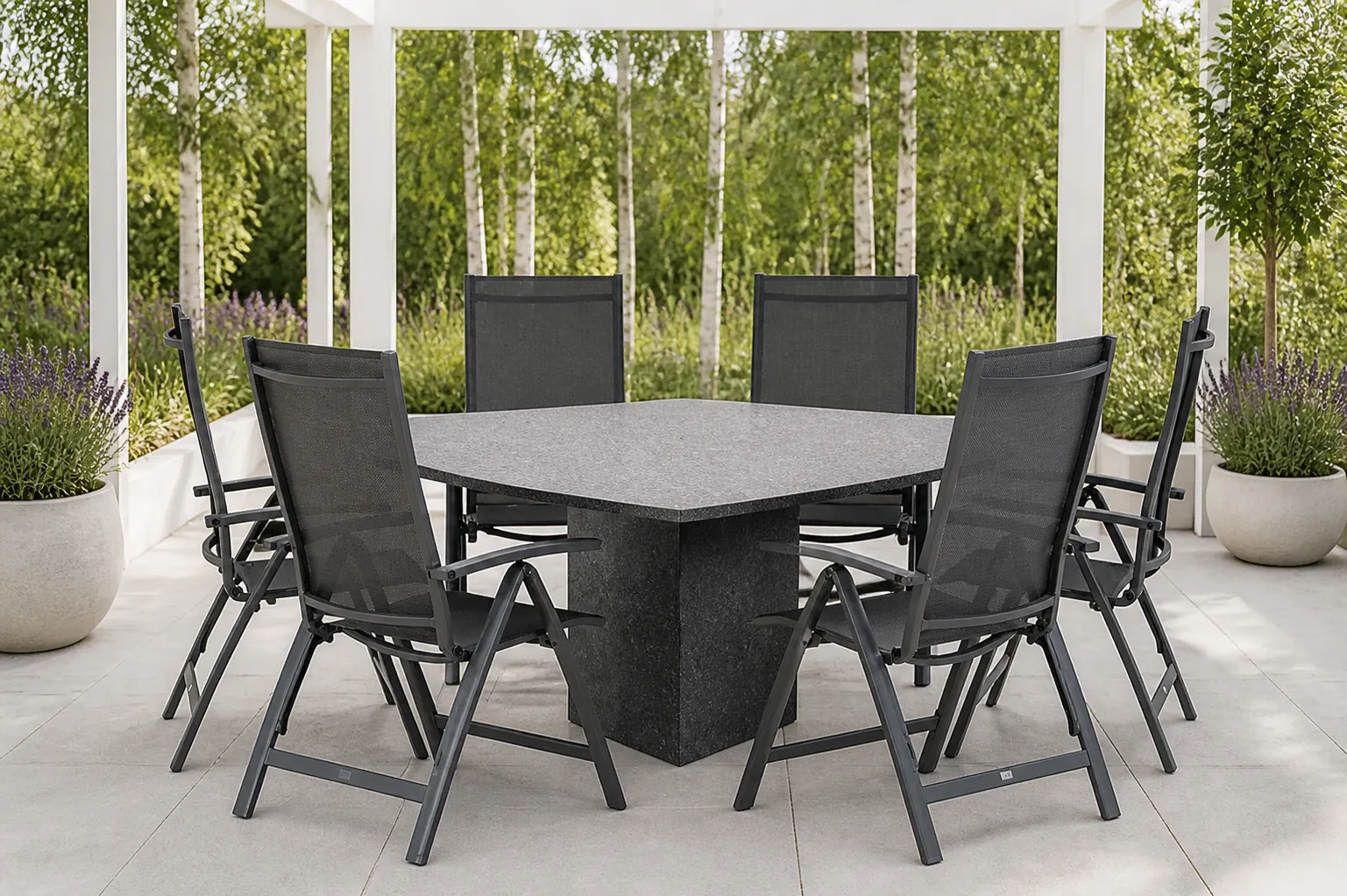 Sfeerfoto van Presto Vasto/Graniet 170 cm triangel dining tuinset 7-delig – Grijs-antraciet