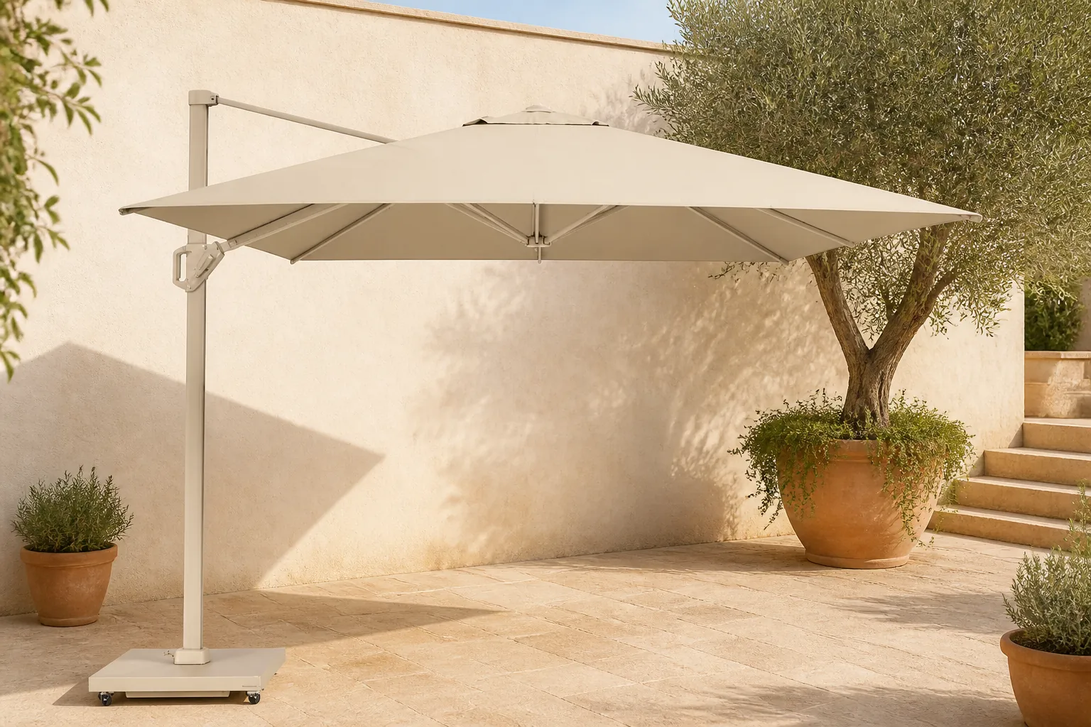 Sfeerfoto van Platinum Challenger T¹ zweefparasol premium doek | 400x300cm | Champagne/Sandstone – Taupe – Naturel – Bruin, Beige