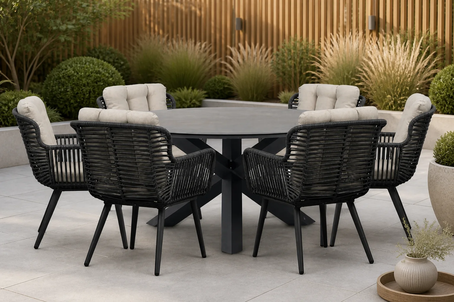 Sfeerfoto van Coco Custa/Xento 150 cm dining tuinset 7-delig – Grijs-antraciet