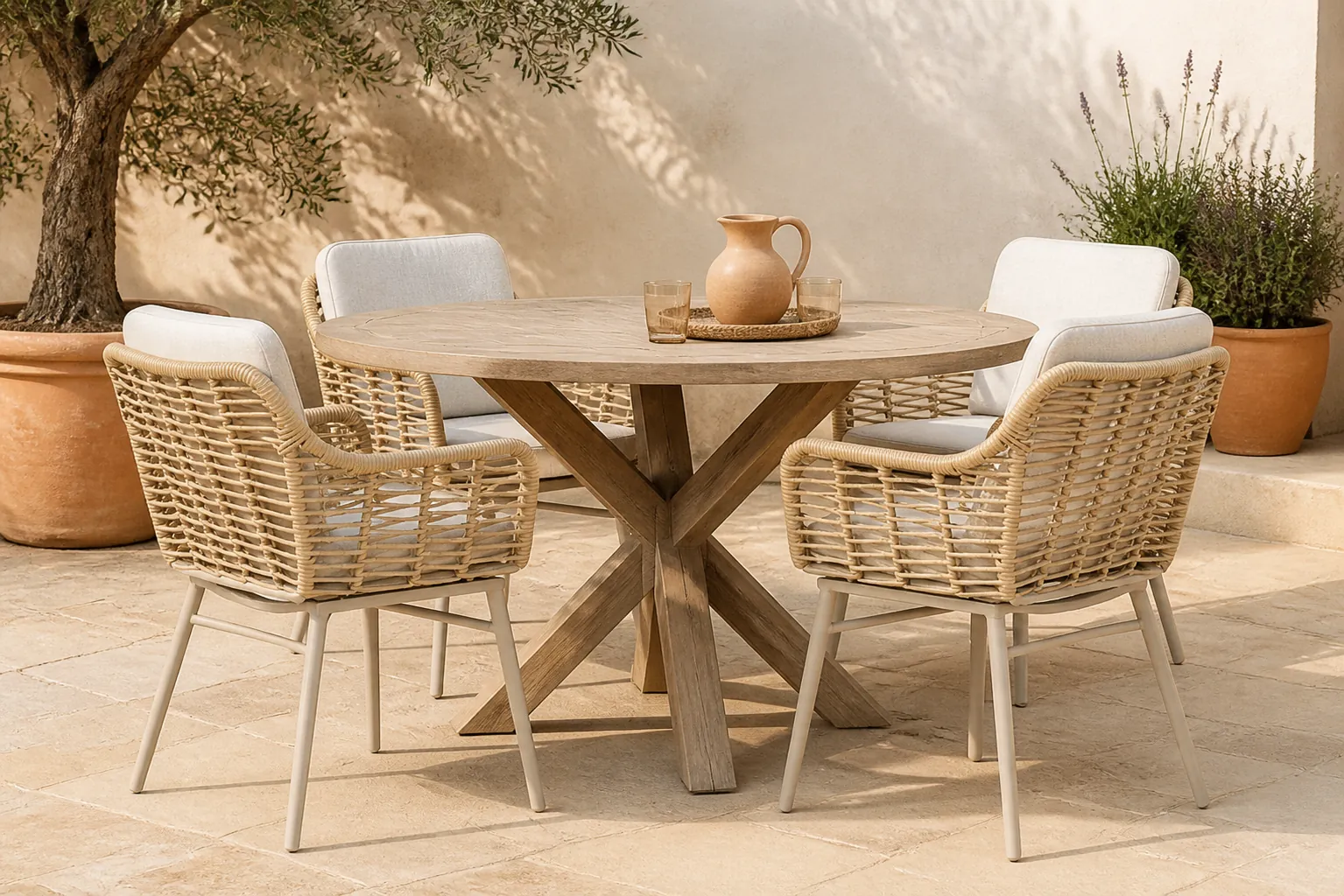 Sfeerfoto van Coco Antoni/Sand City 120 cm dining tuinset 5-delig – Taupe-naturel-bruin