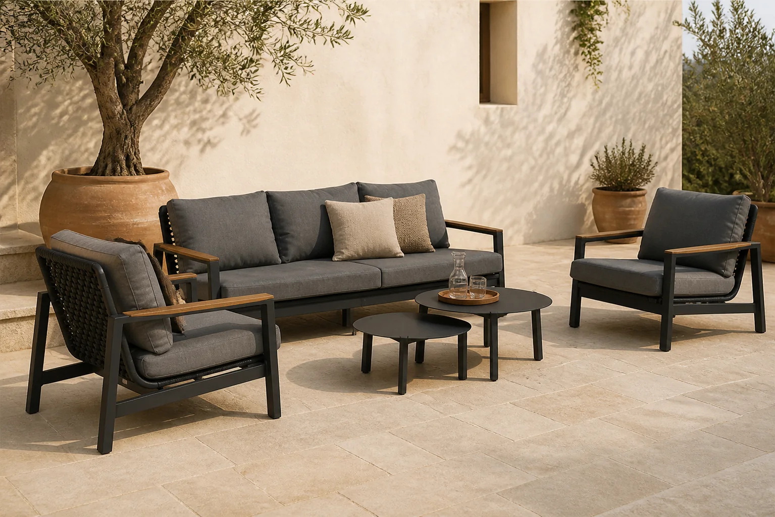 Sfeerfoto van Coco Ralph/Rimini 60/75 cm stoel-bank loungeset 5-delig – Grijs-antraciet