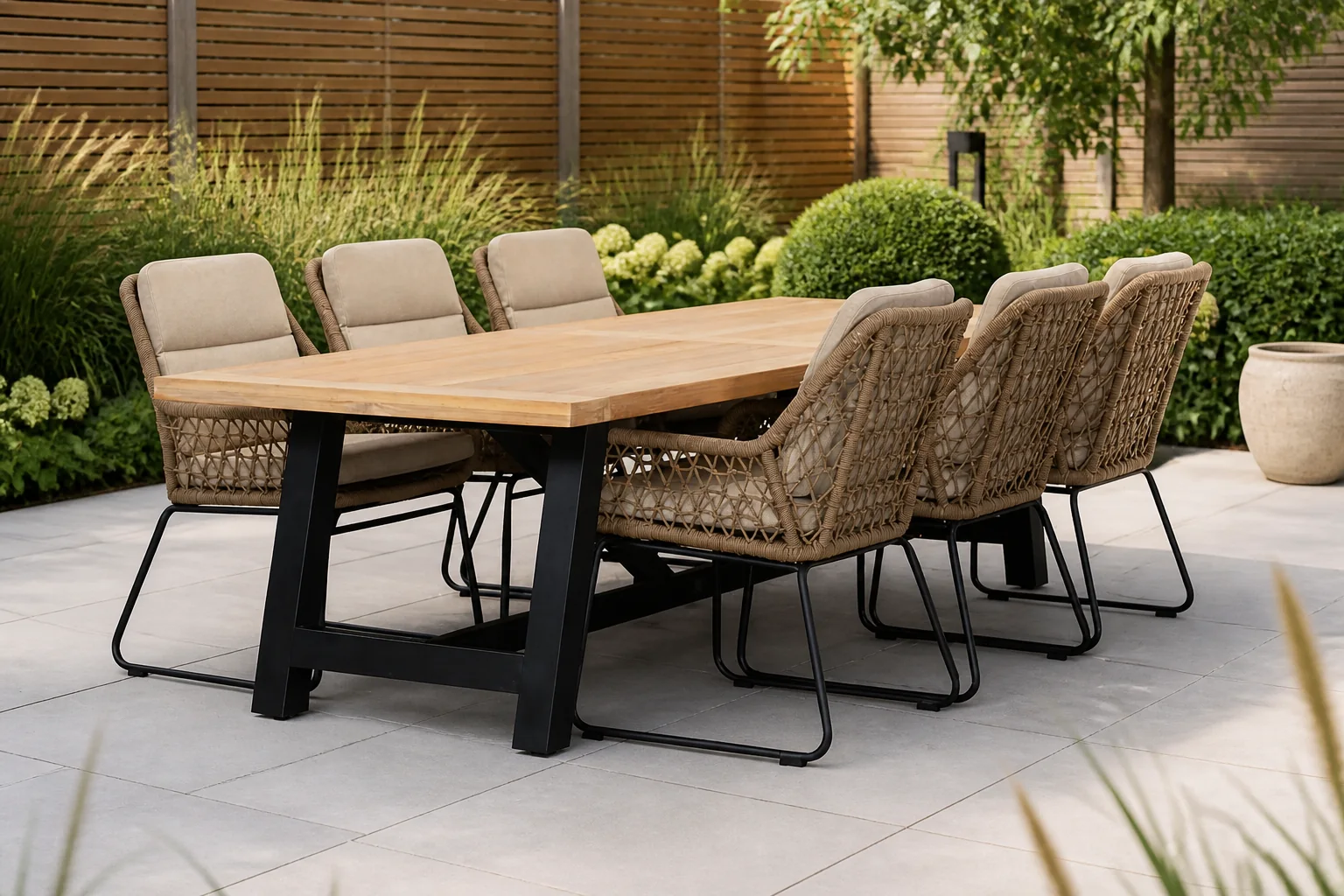 Sfeerfoto van LUX outdoor living James/Valencia Sahara Dust dining tuinset | 6 personen | teakhout + touw | 260cm – Zand