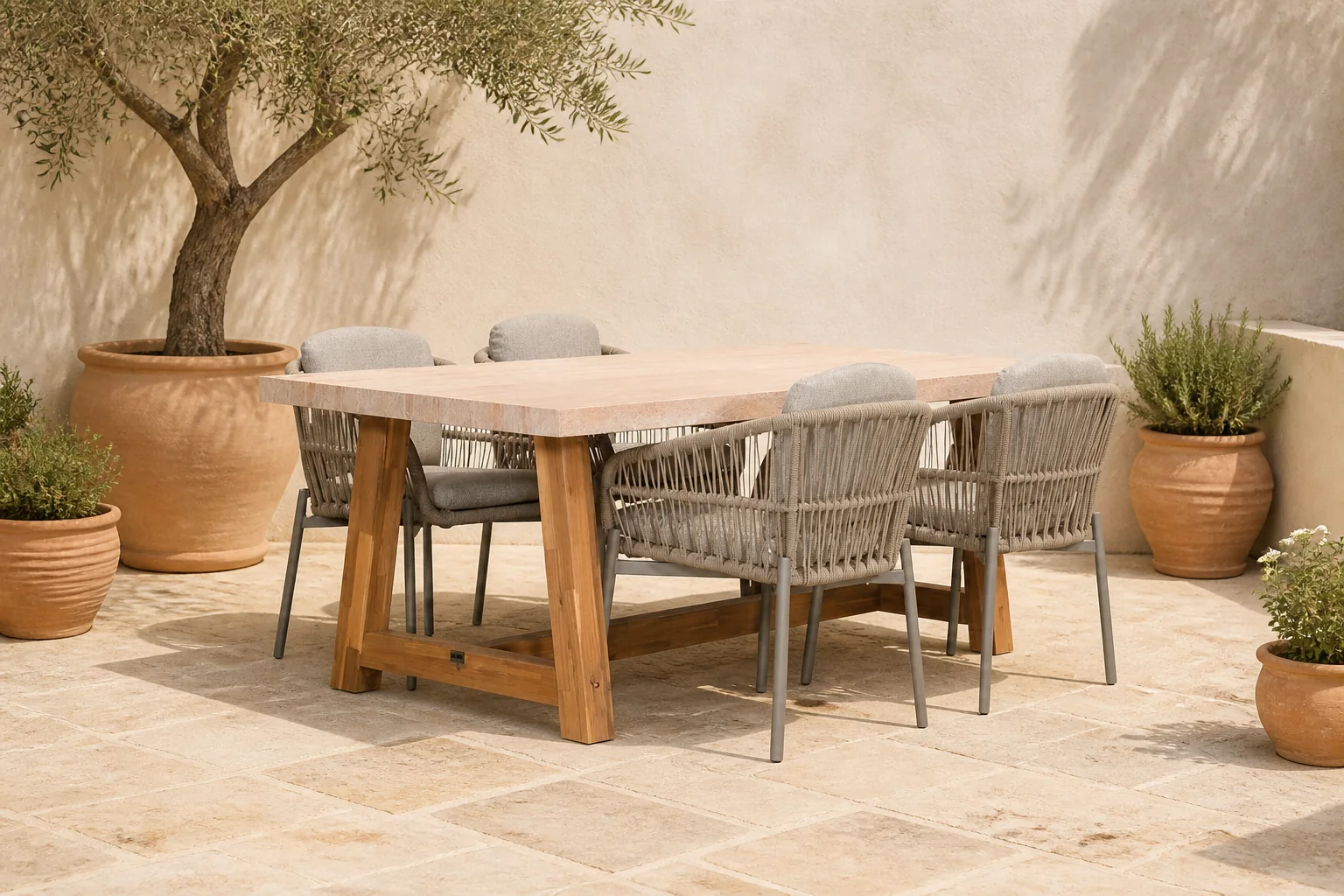 Sfeerfoto van BUITEN living Velora/Rico zand dining tuinset | 4 personen | travertin + aluminium | 200cm