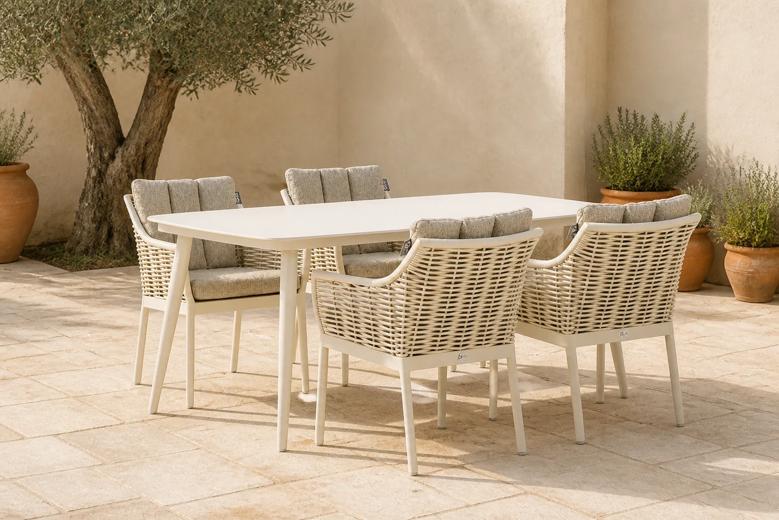Sfeerfoto van Apple Bee Milou/Vienna 180 cm dining tuinset 5-delig – Taupe-naturel-bruin