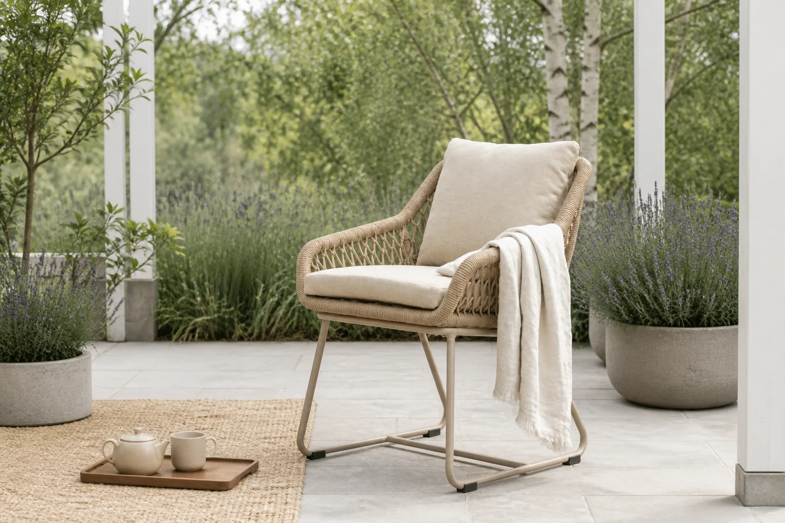 Sfeerfoto van BUITEN living Portofino dining tuinstoel | touw + aluminium | Sandstone