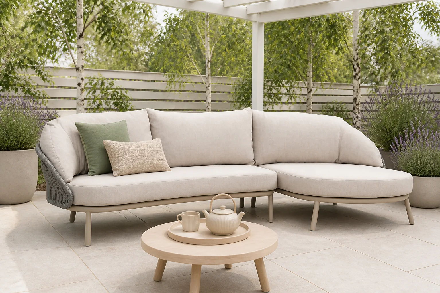Sfeerfoto van Santika Furniture Pebble hoek loungeset organisch (open bank rechts, chaisse longue links) – Zand/Beige