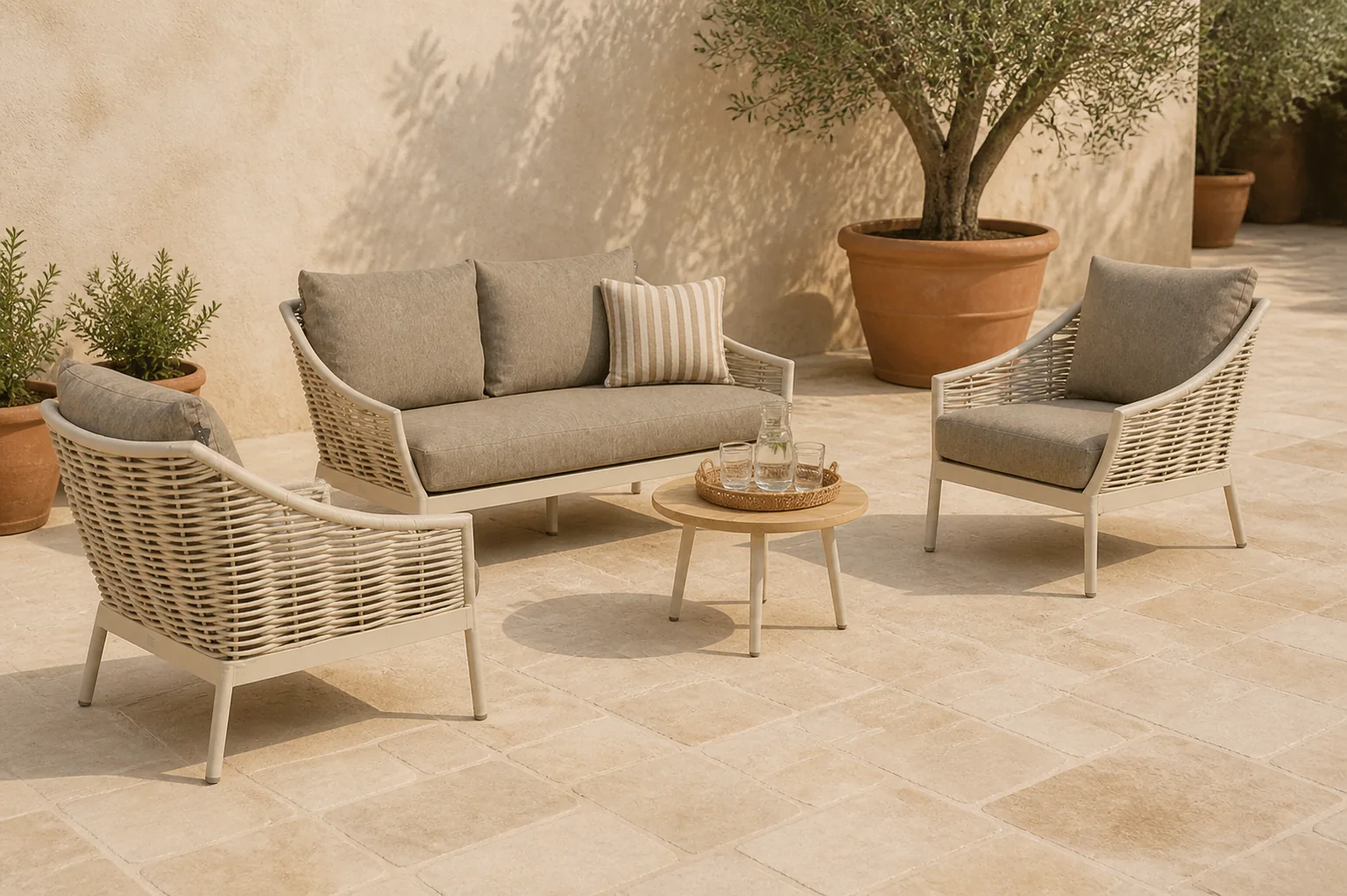 Sfeerfoto van Apple Bee Milou/Montana 50 cm stoel-bank loungeset 4-delig – Taupe-naturel-bruin