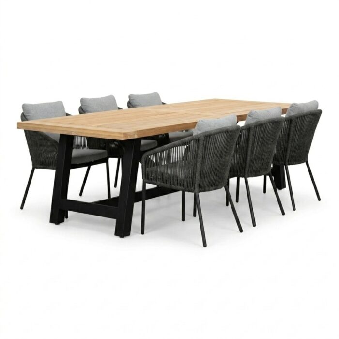 LUX outdoor living James/Lexis Stone Grey dining tuinset | 6 personen | teakhout + touw | 260cm – Natural Teak