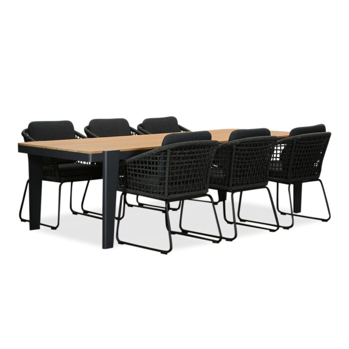 LUX outdoor living Vigo/Tulum Lava Grey dining tuinset | 6 personen | teakhout + touw | 260cm – Grijs