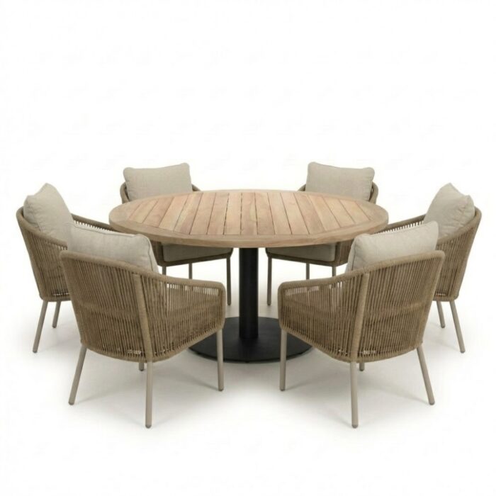 LUX outdoor living Ventura antraciet/Mara Sahara Dust low dining tuinset | 6 personen | teakhout + touw | 150cm rond