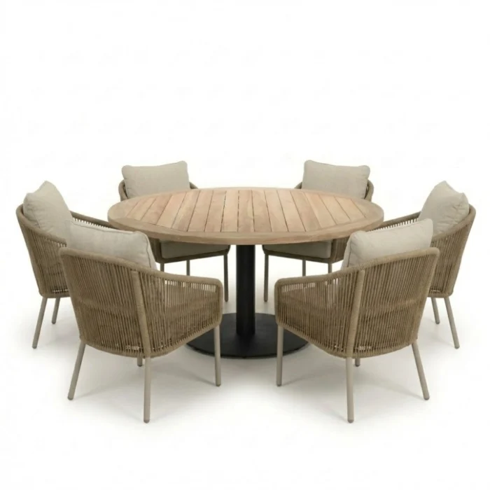 LUX outdoor living Ventura antraciet/Mara Sahara Dust low dining tuinset | 6 personen | teakhout + touw | 150cm rond