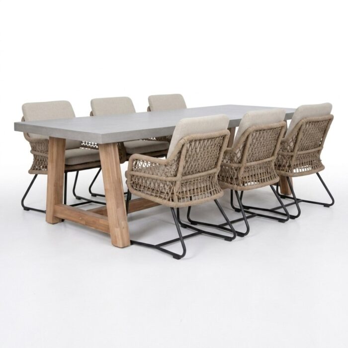BUITEN living Veltis/Gianna Sahara Dust dining tuinset | 6 personen | polystone + touw | 250cm – Taupe – Naturel – Bruin, Beige