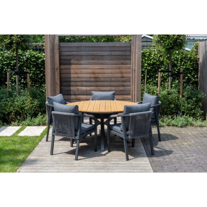 LUX outdoor living Cervo Natural/Calgary antraciet dining tuinset | 5 personen | polywood + aluminium | 144cm rond – Taupe – Naturel – Bruin, Zwart, Antraciet