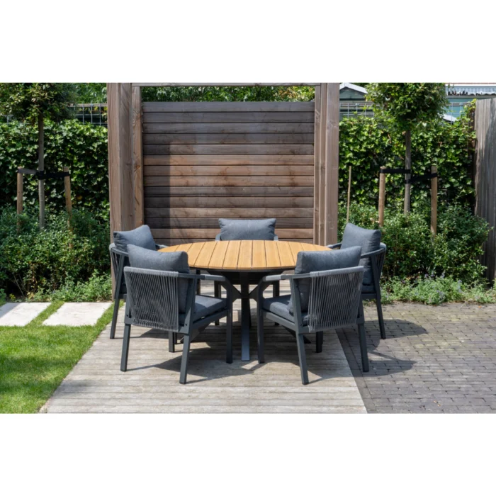 LUX outdoor living Cervo Natural/Calgary antraciet dining tuinset | 5 personen | polywood + aluminium | 144cm rond - Taupe - Naturel - Bruin, Zwart, Antraciet