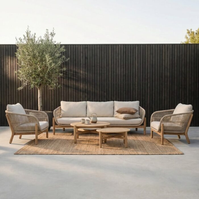 BUITEN living Braga stoel-bank loungeset 5 personen | touw + hardhout | zand | 5-delig – Taupe – Naturel – Bruin