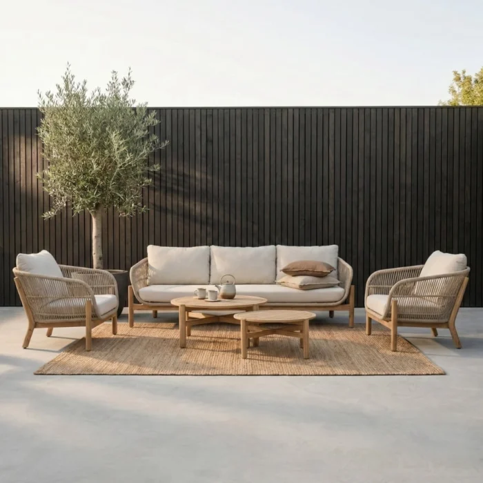 BUITEN living Braga stoel-bank loungeset 5 personen | touw + hardhout | zand | 5-delig - Taupe - Naturel - Bruin