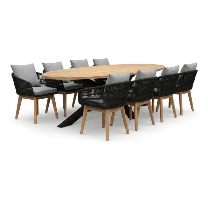 LUX outdoor living Cleve/Bella zwart dining tuinset | 8 personen | teakhout + touw | 280cm ovaal