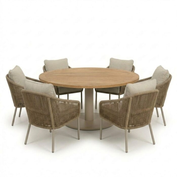 LUX outdoor living Ventura beige/Mara Sandstone low dining tuinset | 6 personen | teakhout + touw | 160cm rond