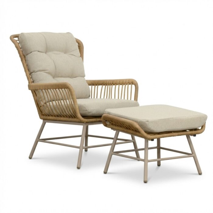 BUITEN living Dex loungestoel tuin met voetenbank | wicker + aluminium | Bamboo beige