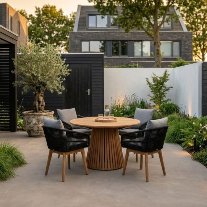 BUITEN living Palau/Bella zwart dining tuinset | 4 personen | teakhout + touw | Ø120cm rond
