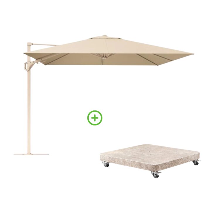 Platinum Challenger T² zweefparasol premium doek | 300x300cm met Venezia rond parasolvoet 90kg | Champagne/Sandstone – Taupe – Naturel – Bruin, Beige