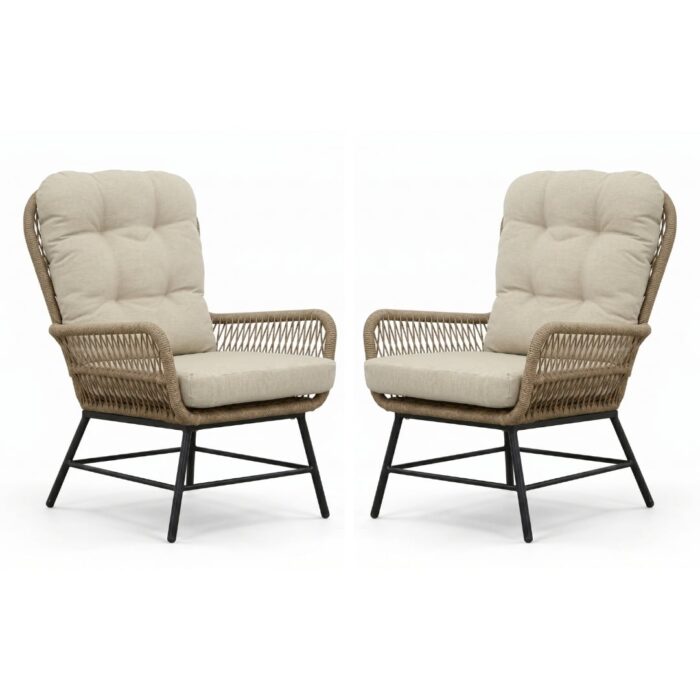 BUITEN living Dex loungestoel tuin set van 2 | touw + aluminium | Sahara Dust – Zand